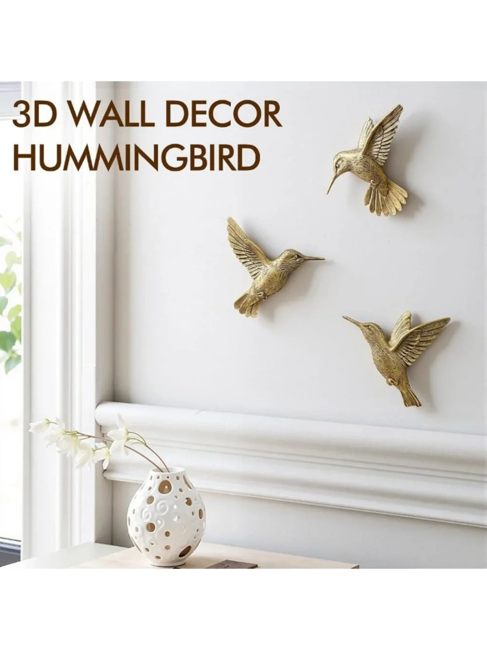 3D Hummingbird Wall Decor Set - Vintage Gold Brass Resin Birds for Living Room